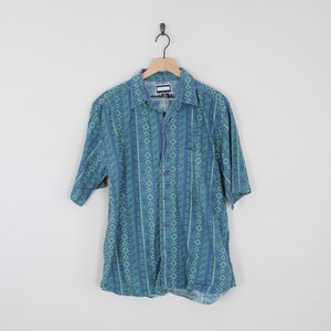 Vintage Blue and Green Geometric, Weekends 90s Dad Shirt, Size Large, Striped Shirt, 90s Pattern Shirt, 90s Vintage, Oversized Button Up