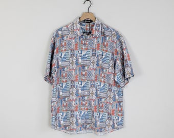Vintage 90s Shinawatra Blue and Orange, Abstract Pattern Silk Shirt, Size XL, Cozy Shirt, Abstract Shirt, Oversized Shirt, 90s Dad Shirt