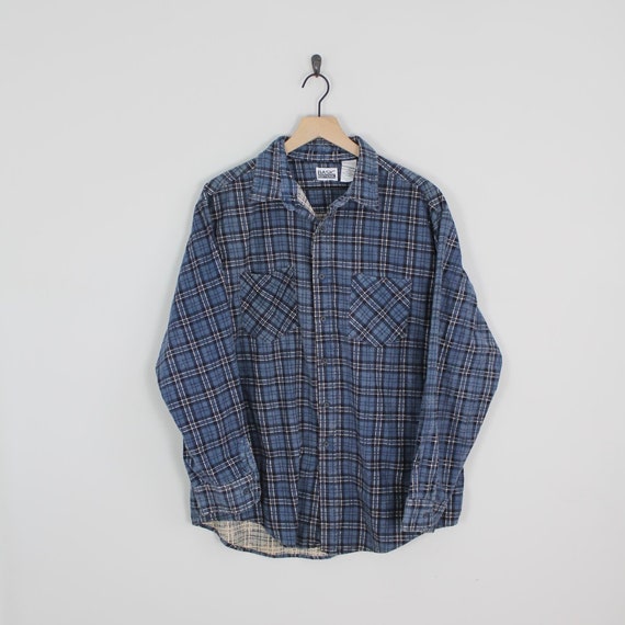 Vintage 90s Blue and White, Basic Edition Flannel, Size XL