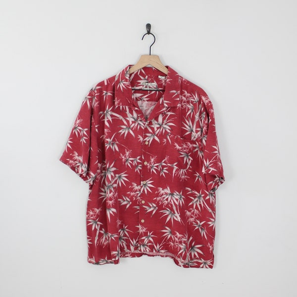 Vintage Batik Bay, Red Bamboo Patterned Silk Hawaiian Shirt, Size 2XL, Floral Shirt, Tropical Aloha Dad Shirt, Resort Shirt