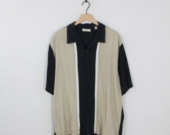 Vintage Paradise Collection, Black and Beige Striped Silk Hawaiian Shirt, Size XL, Tropical Aloha Shirt, Aloha Dad Shirt, Resort Shirt