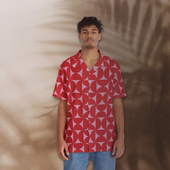 Camisa hawaiana con estampado geométrico rojo retro Ropa de