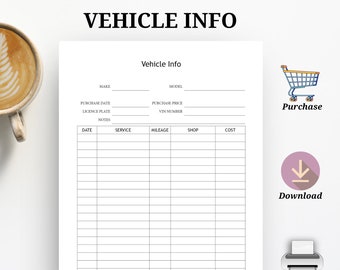 Vehicle Maintenance Log, Auto Repair Log, Vehicle Service, Maintenance Tracker PDF, Printable Vehicle Information
