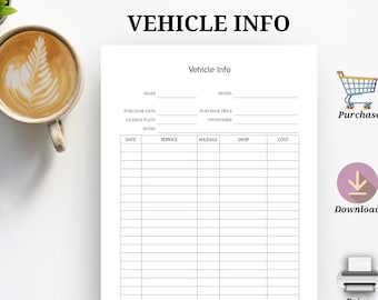 Printable Vehicle Information, Car Maintenance Log ,  Vehicle Service Tracker, Happy Planner inserts