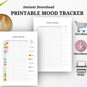 Könnte beinhalten: Druckbarer Stimmungs-Tracker mit einem Raster für jeden Monat des Jahres. Der Tracker enthält eine Legende mit verschiedenen farbigen Quadraten, die für glücklich, ruhig, wütend, traurig, entspannt, nervös und ängstlich stehen.