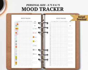May include: A printable mood tracker planner with a key for different moods, including happy, calm, empty, angry, sad, relaxed, nervous, and peaceful. The planner is designed for a personal size binder, measuring 3.75 inches by 6.75 inches.