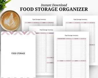 May include: Printable food storage inventory list with a pink and white geometric pattern background. The list includes categories for fruits, vegetables, grains, meat, snacks and treats, deli, dairy, baking, and other.