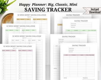 May include: A collection of printable financial planning sheets. The sheets include a 52-week money-saving challenge and saving trackers. The text on the sheets includes "Saving Tracker", "Week", "Amount", and "Total". The sheets are designed for use with a Happy Planner.