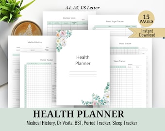 May include: A printable health planner with 15 pages, including sections for medical history, doctor visits, blood sugar tracking, mood tracking, period tracking, and sleep tracking. The planner features a floral design with green leaves and white flowers.