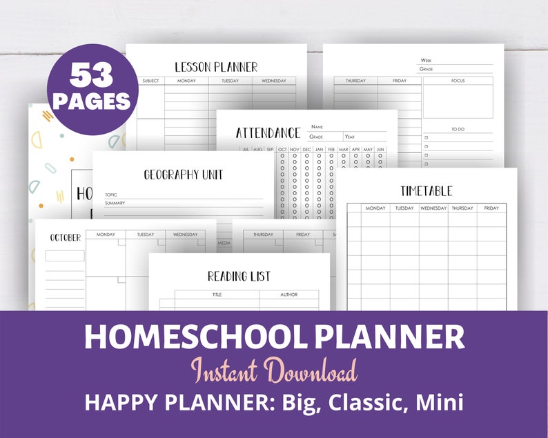 Printable Homeschool Planner: Big Happy Planner Size, Lesson Plans (PDF ...