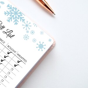 May include: A white Christmas gift list with snowflakes printed on the top. The list has columns for the name of the gift, price, bought, and wrapped. There are checkboxes next to each column.