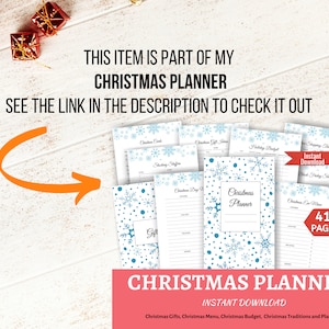 May include: A printable Christmas planner with a blue snowflake pattern. The planner includes 41 pages and covers topics like gift ideas, holiday budget, and Christmas traditions. The text "Instant Download" is visible on the cover.
