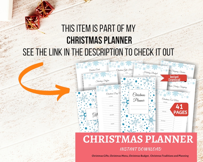 May include: A printable Christmas planner with a blue snowflake pattern. The planner includes 41 pages and covers topics like gift ideas, holiday budget, and Christmas traditions. The text "Instant Download" is visible on the cover.