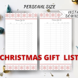 Printable Xmas Gift List, Christmas gift list, Xmas planner,  Personal size Christmas Gift Planner, Instant Download