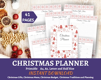 クリスマスプランナー、ギフトリスト、ホリデー予算、メニュー（印刷可能なPDF）