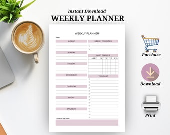 Weekly planner, Printable Undated Planner, Week on one page