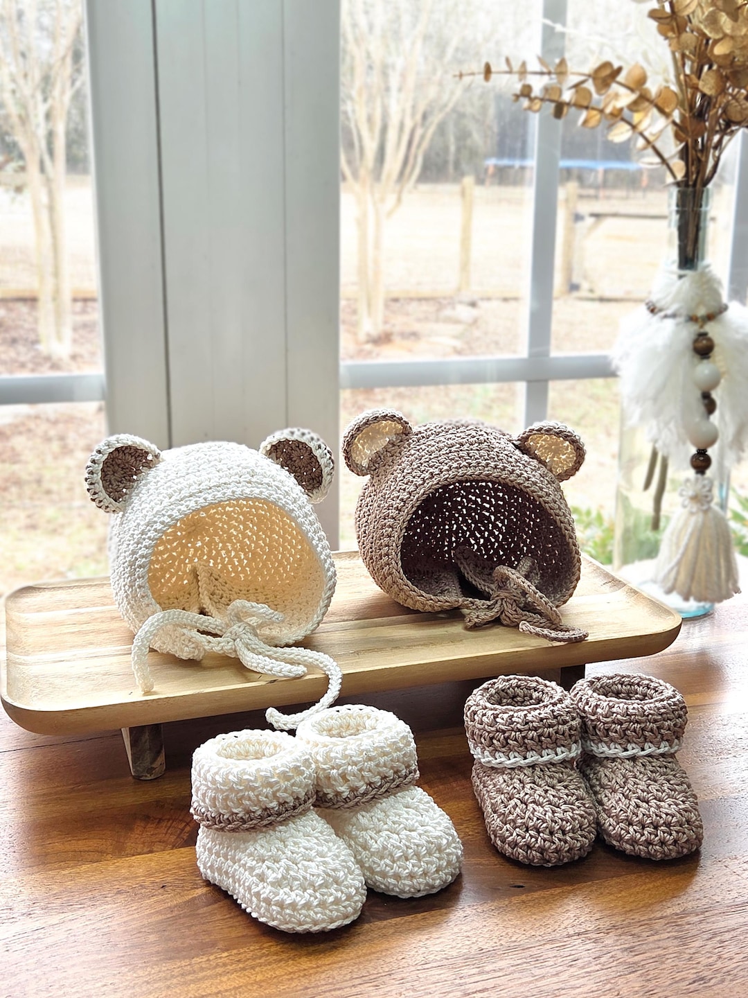 A Bear Bonnet and Booties Set | Hand Crochet Baby Gift: 100 Percent ...