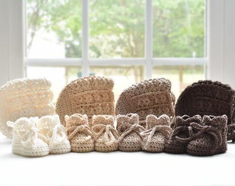 Crochet Baby Booties and bonnets: 100 percent Mercerized Cotton, Newborn Gift, Baby Shower, Pregnancy Announcement
