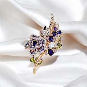 Large Purple Rose Brooch: Crystal Flower Pin, Vintage Style