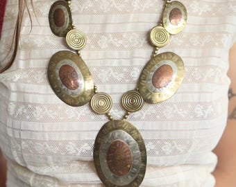 Vintage 80s Necklace, 70s Handcrafted Choker, Brass Abstract