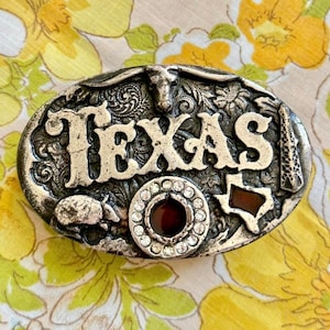 Vintage Silver “Texas” Belt Buckle with armadillo, longhorn, and Texas state