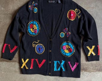 Cardigan vintage in maglia anni '80 con orologio colorato nero e numeri romani, taglia L/XL