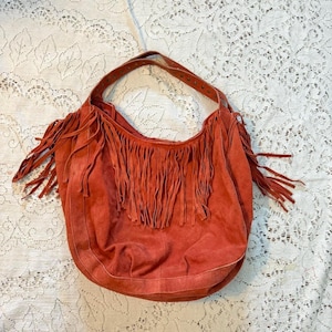 Large Orange Suede Fringe Shoulder Bag Purse with Brass Stud Embellishments