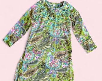 Abito tunica vintage in seta verde con ricami paisley - Taglia piccola