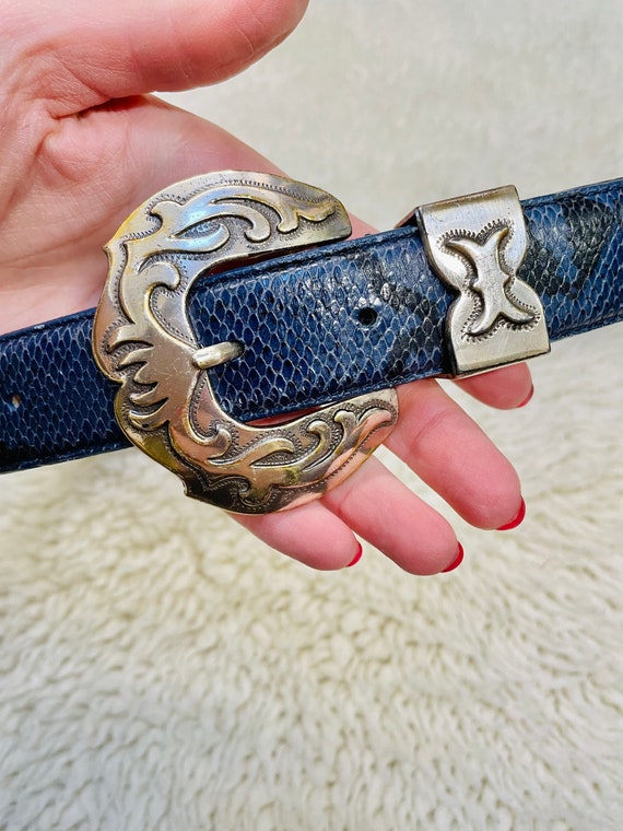 Vintage 1995 Blue Leather and Silver Buckle Weste… - image 4