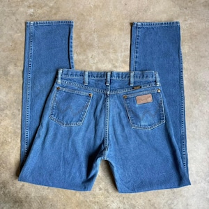 Vaqueros Wrangler vintage de pierna recta, 34 x 36, 100 % algodón, denim azul, tiro alto, estilo vaquero occidental, estilo clásico, fabricado en EE. UU. imagen 1