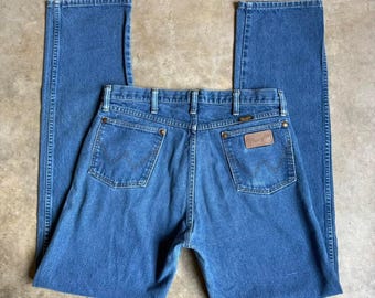Vintage Wrangler Straight Leg Jeans 34x36 | 100% Cotton Blue Denim | High Rise Western Cowboy Jeans | Classic USA Made Style