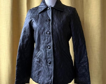 Giacca in pelle trapuntata nera vintage – Cappotto in vera pelle con bottoni – Taglia media