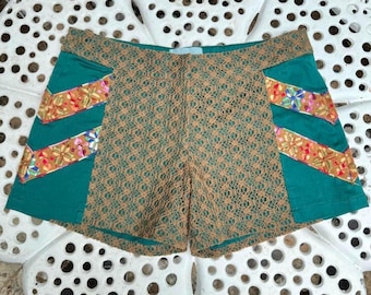 Vintage Judith March Lace Shorts: Embroidered Floral Panel, Size Small