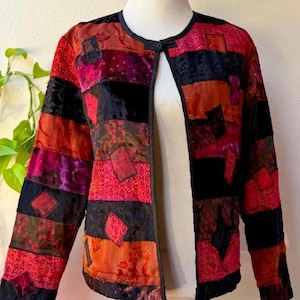 Vintage Patchwork Velvet Jacket Medium | Whimsygoth Fall Jacket | Red Purple Black Floral Art to Wear Jacket