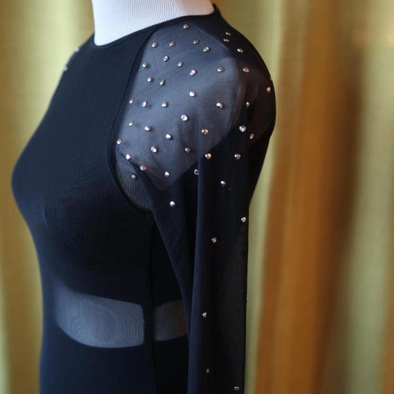black studded long sleeve dress Rhinestone-studded Long Sleeve Black Bodycon Dress
