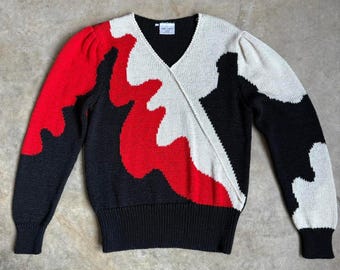Maglione vintage anni '80 con motivo astratto a zigzag – Lavorato a maglia a mano – Nero, Rosso e Crema – Taglia Piccola