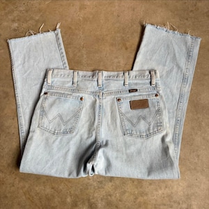 Vintage Wrangler Light Wash Jeans 32x38 | Straight Leg Denim | Cowboy Western Denim | Frayed Hem Jeans image 1