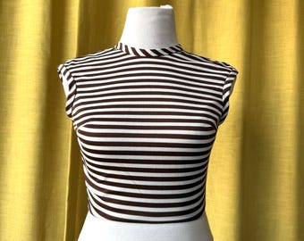 Vintage Braun & Weiß Gestreiftes Midi Kleid XS | Retro ärmelloses A-Linien-Kleid | Minimalistischer Mod-Stil | Reißverschluss hinten