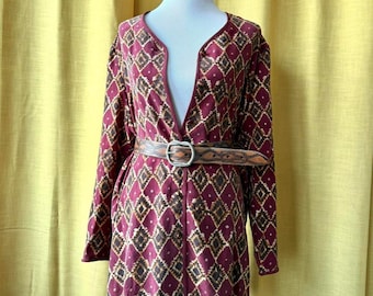 Maglia a maniche lunghe vintage in seta bordeaux e oro con stampa a rombi – Taglia Large