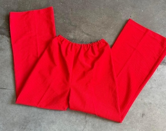 Vintage 1970s Red Velvet Corduroy Pants – Wide Leg – Elastic Waist – Size Medium