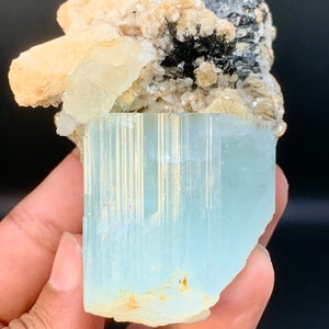 215 Gram Aquamarine Crystal, Natural blue color Aquamarine Crystal Combine Black Tourmaline and Feldspar. Very beautiful for Collection Pace