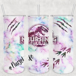 20 oz stainless steel tumbler with straw—Nursing Is A Walk In The Park, Dinosaurs