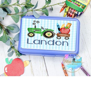 Personalized pencil box—Blue Tractor with School Supplies—Back to School—School Supplies—Personalized School Supplies
