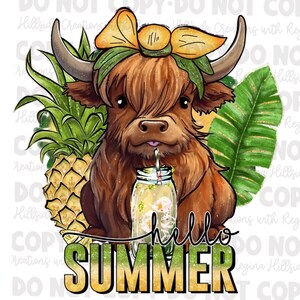 Hello Summer Highland Cow, Pineapple and Lemonade Sublimation Transfer