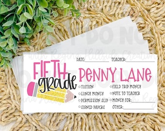 Personalized School Money Envelope, Lunch Money, School Supplies, Personalized Envelopes for School, Pencil Grades--All Grades Available