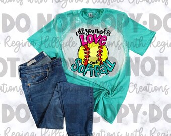 Gebleichtes Softball T-Shirt - Alles was du brauchst ist Liebe und Softball, Softball Shirt, süßes Softball Shirt, Softball Mama