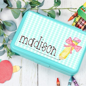 Pencil with Bow Personalized pencil box, Teal Pencil Box, School Supplies, Back to School, Personalized School Supplies, Pencil Box