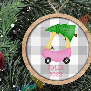 Kid&#39;s Personalized Christmas Ornament Pink Car and Tree, Ceramic Ornament
