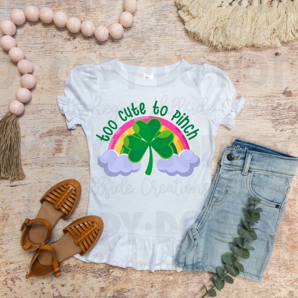 Child/Toddler St Patricks Day Ruffle or Puff Sleeve Tee--Too Cute To Pinch Rainbow and Shamrock—Long Sleeve or Short Sleeve