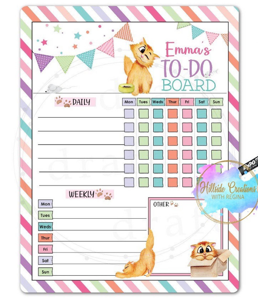 Cat, Personalized Dry Erase Reward Chart and Kids Calendar Wall Sticker,  Personalized Calendar & Chore Chart, Dry Erase, for Kids, Reusable 